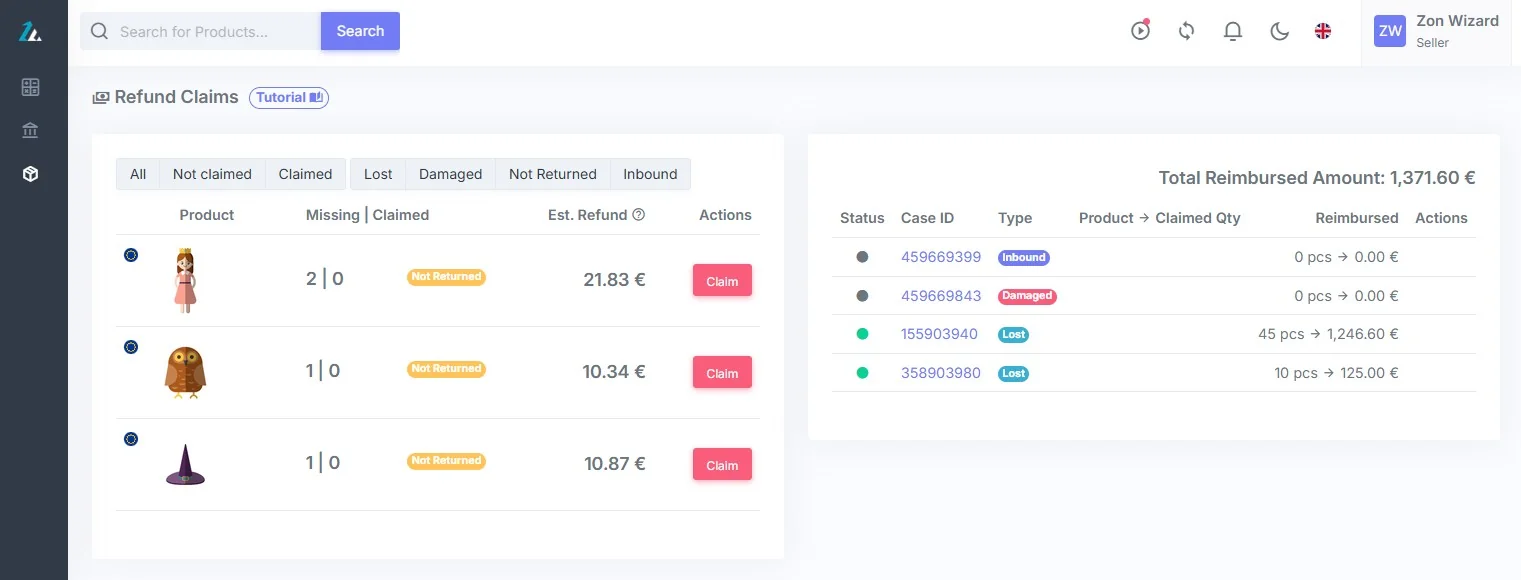 ZonWizard Refunds dashboard